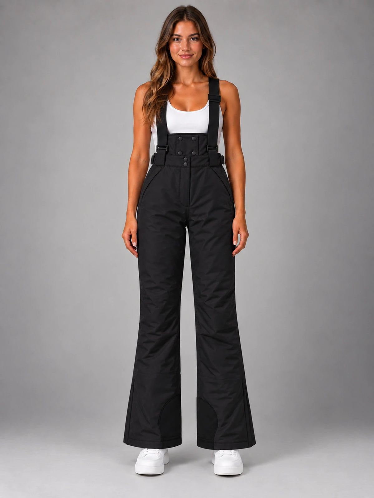 Women's Waterproof Ski Salopettes – Padded Bib Trousers in Black — front view
