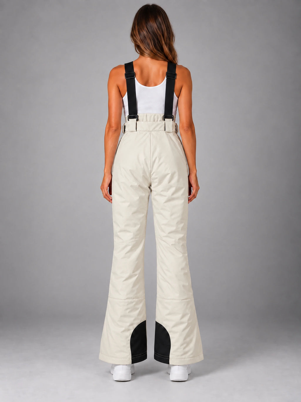 Women's Waterproof Ski Salopettes – Padded Bib Trousers in Cream — back view