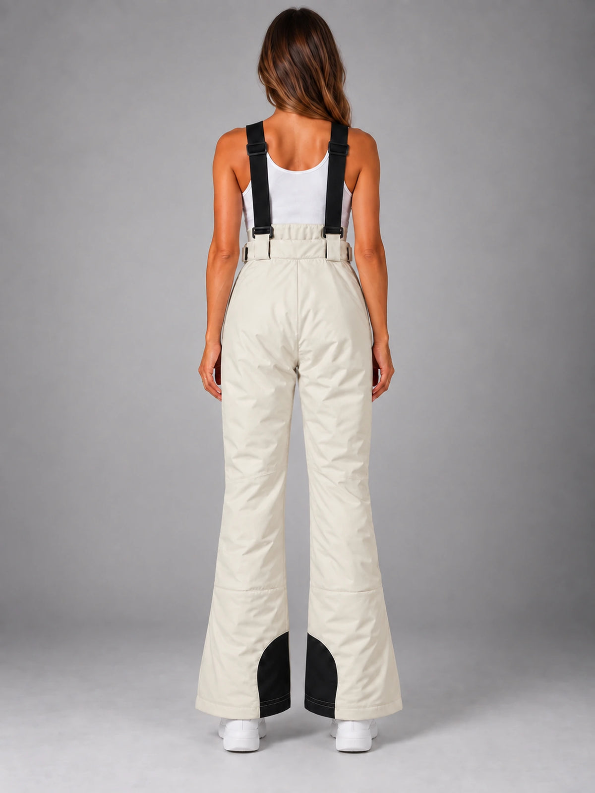 Women's Waterproof Ski Salopettes – Padded Bib Trousers in Cream — back view