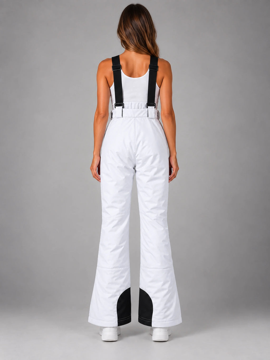Women's Waterproof Ski Salopettes – Padded Bib Trousers in White — back view