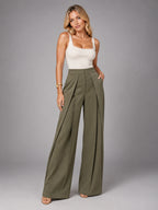 Women's Wide-Leg Suit Trousers – Pleated High Waist in Army Green — alternate view