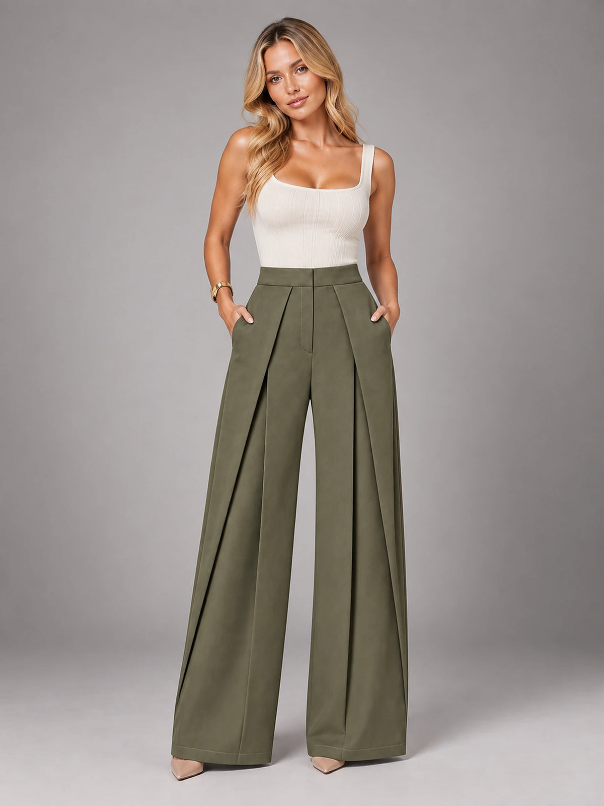 Women's Wide-Leg Suit Trousers – Pleated High Waist in Army Green — front view