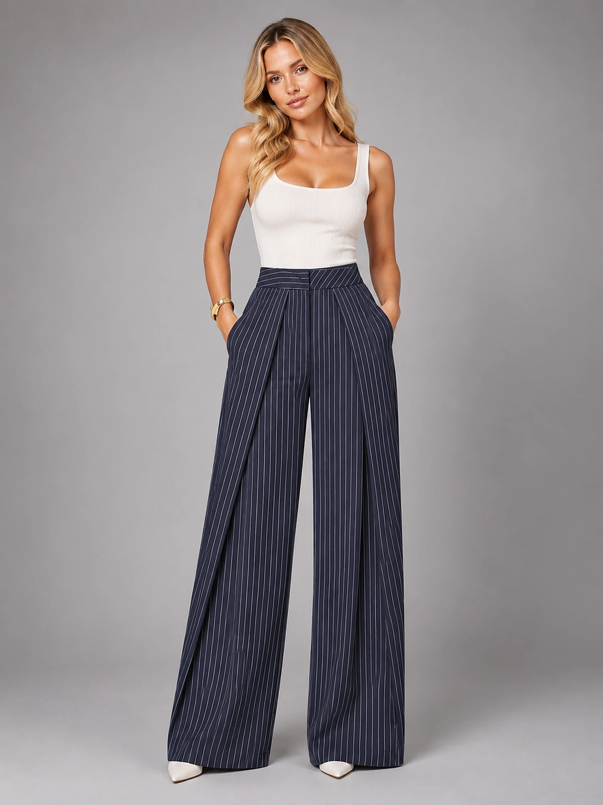 Women's Wide-Leg Suit Trousers – Pleated High Waist in Navy Stripe — front view