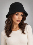 Women's Wool Blend Bucket Hat – Vintage Knit in Black (Classic) — front view
