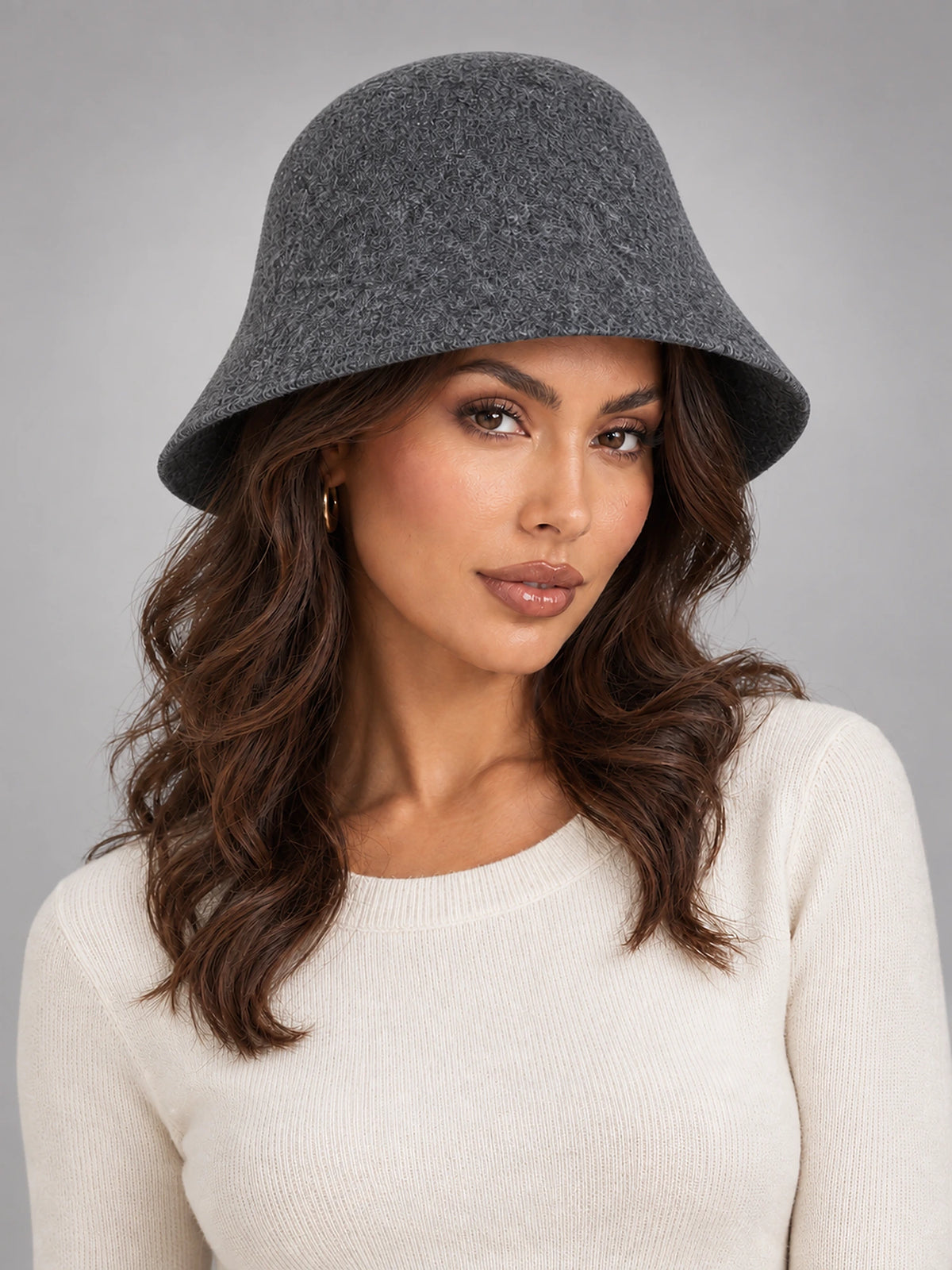 Women's Wool Blend Bucket Hat – Vintage Knit in Charcoal (Classic) — front view
