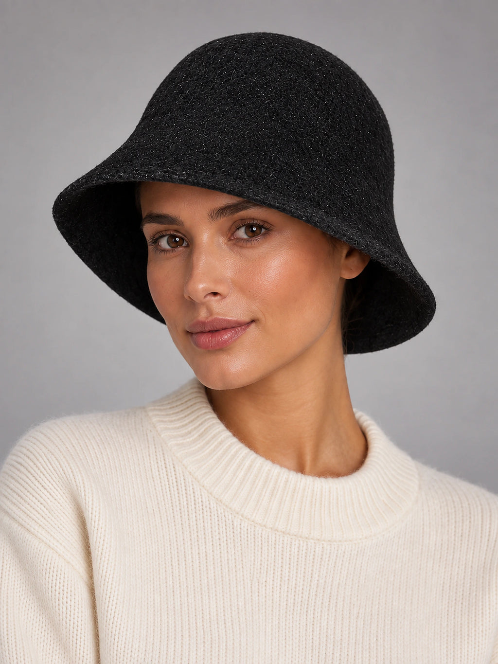 Women's Wool Blend Bucket Hat – Vintage Knit in Black (Rounded) — alternate view