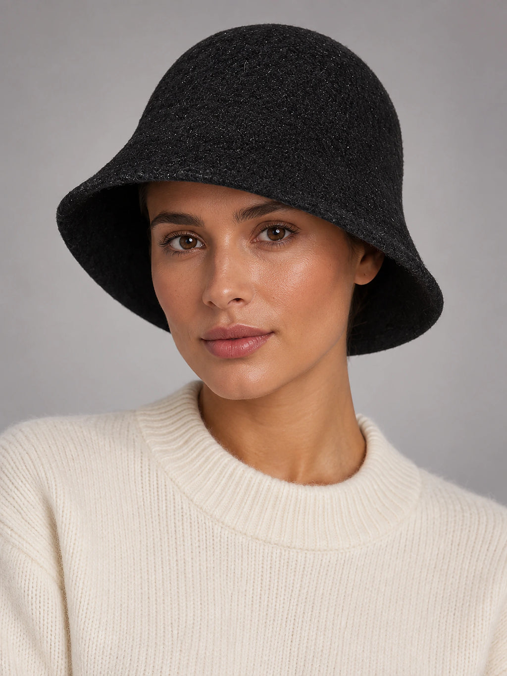 Women's Wool Blend Bucket Hat – Vintage Knit in Black (Rounded) — front view