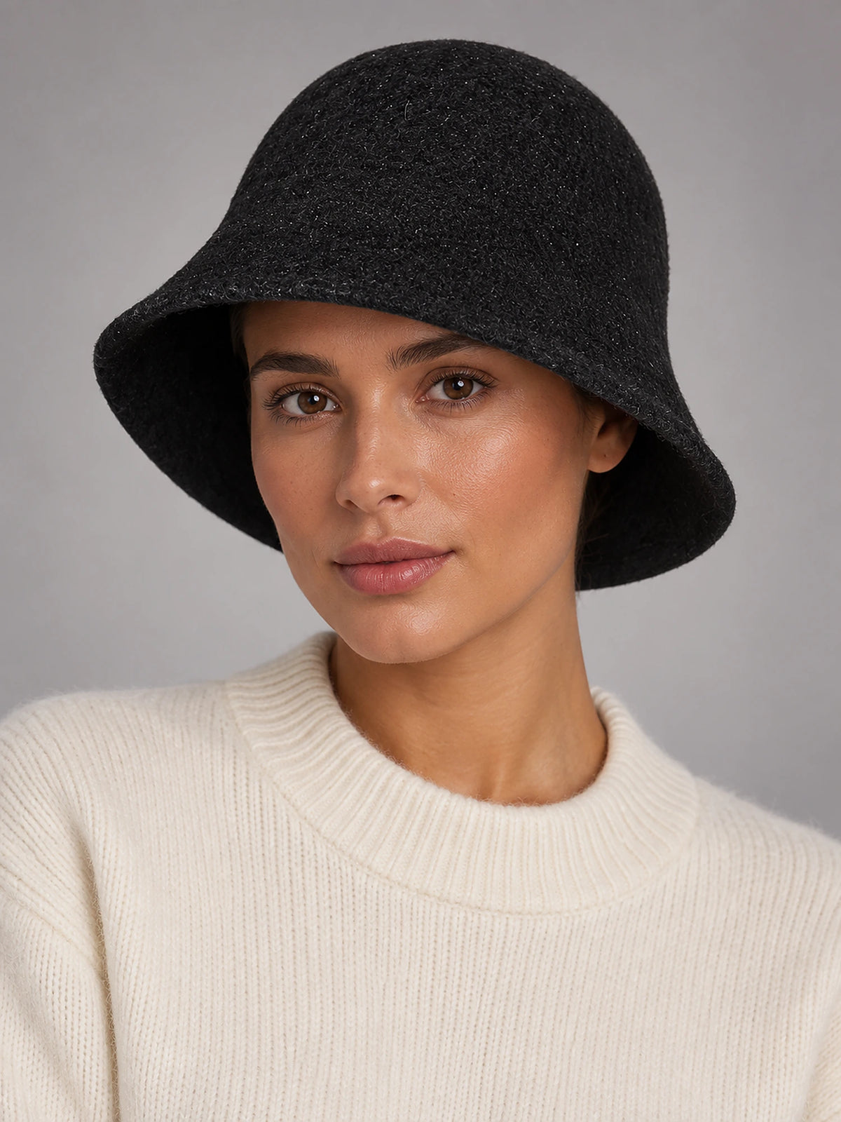 Women's Wool Blend Bucket Hat – Vintage Knit in Black (Rounded) — front view