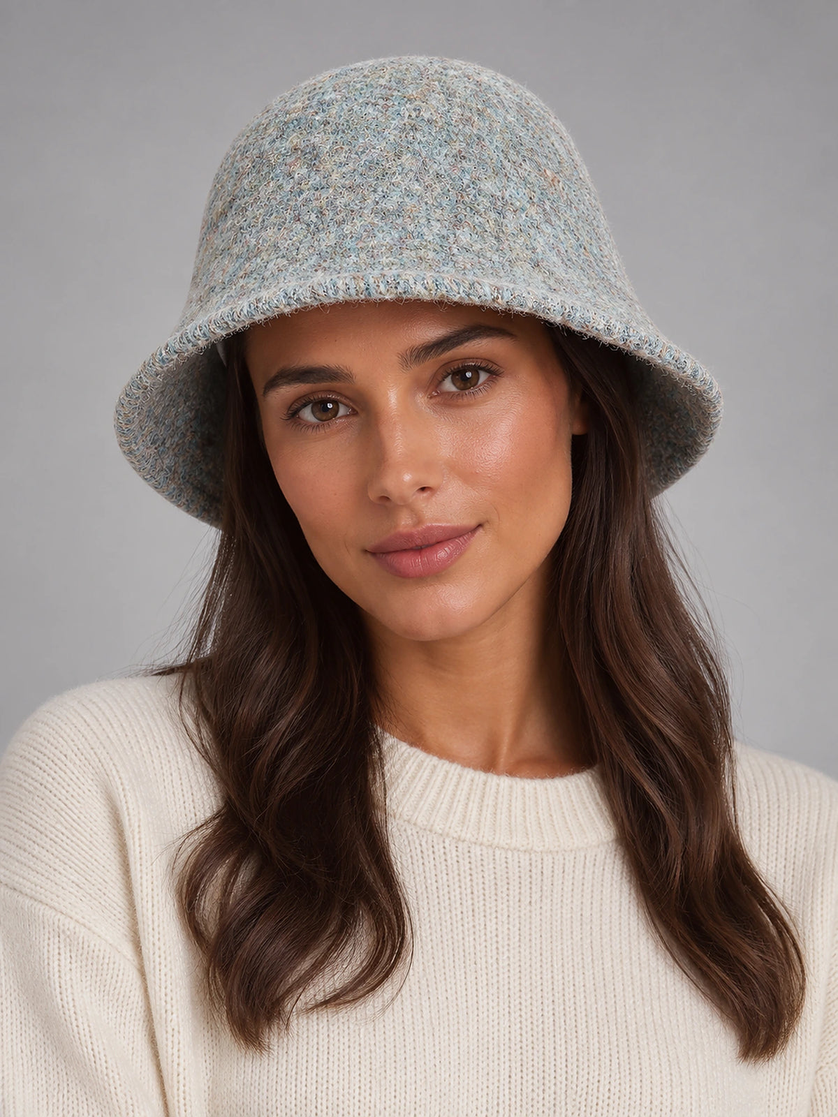 Women's Wool Blend Bucket Hat – Vintage Knit in Pale Blue (Rounded) — front view