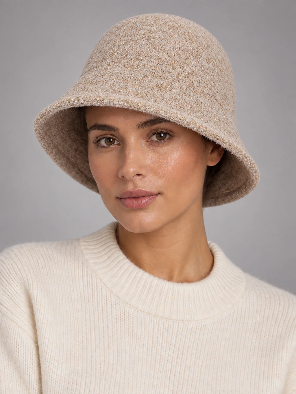 Women's Wool Blend Bucket Hat – Vintage Knit in Beige (Rounded) — front view