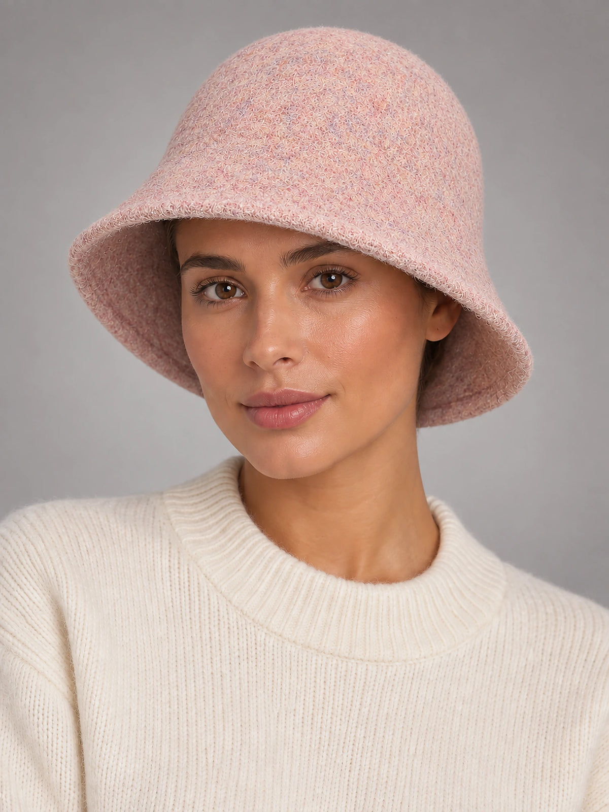 Women's Wool Blend Bucket Hat – Vintage Knit in Pink (Rounded) — front view
