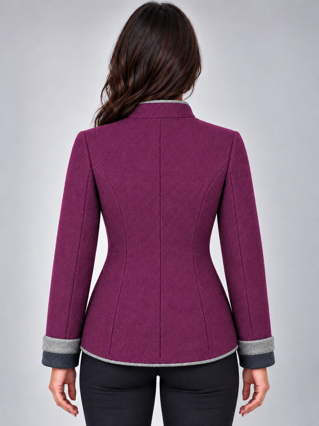 Women's Wool Jacket – Contrast Multi-Button in Plum — back view