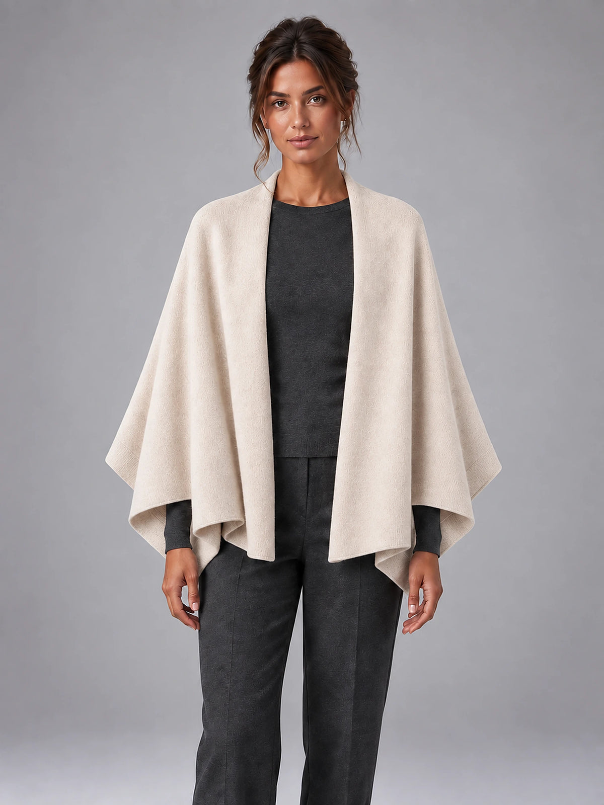 Women's Wool Knit Shawl Wrap – Dual-Use Scarf Cape in Beige — front view