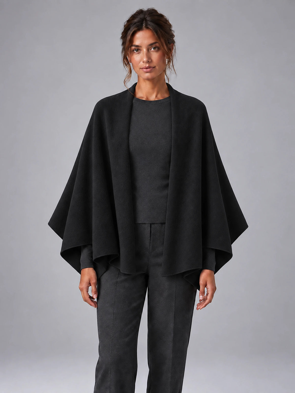 Women's Wool Knit Shawl Wrap – Dual-Use Scarf Cape in Black — front view