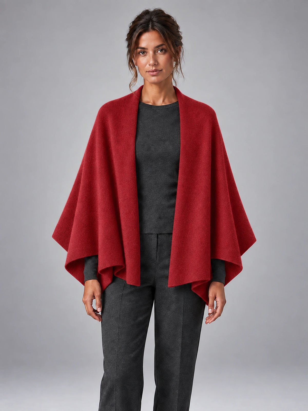 Women's Wool Knit Shawl Wrap – Dual-Use Scarf Cape in Wine Red — front view