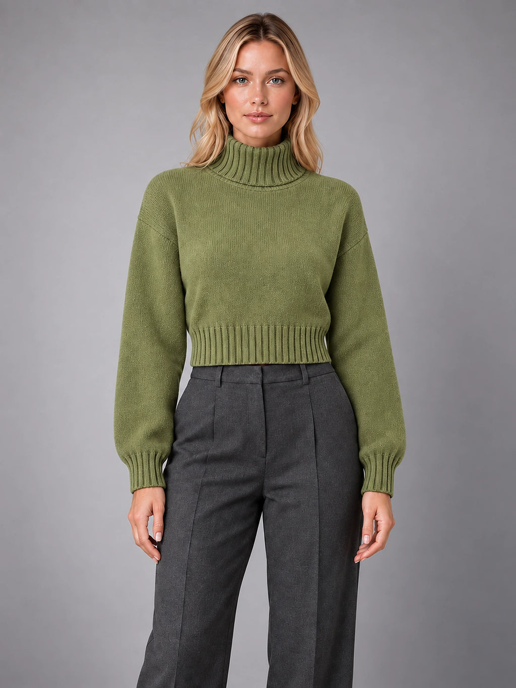 Women's Wool Roll Neck Jumper – Regular Fit Pullover in Army Green — front view
