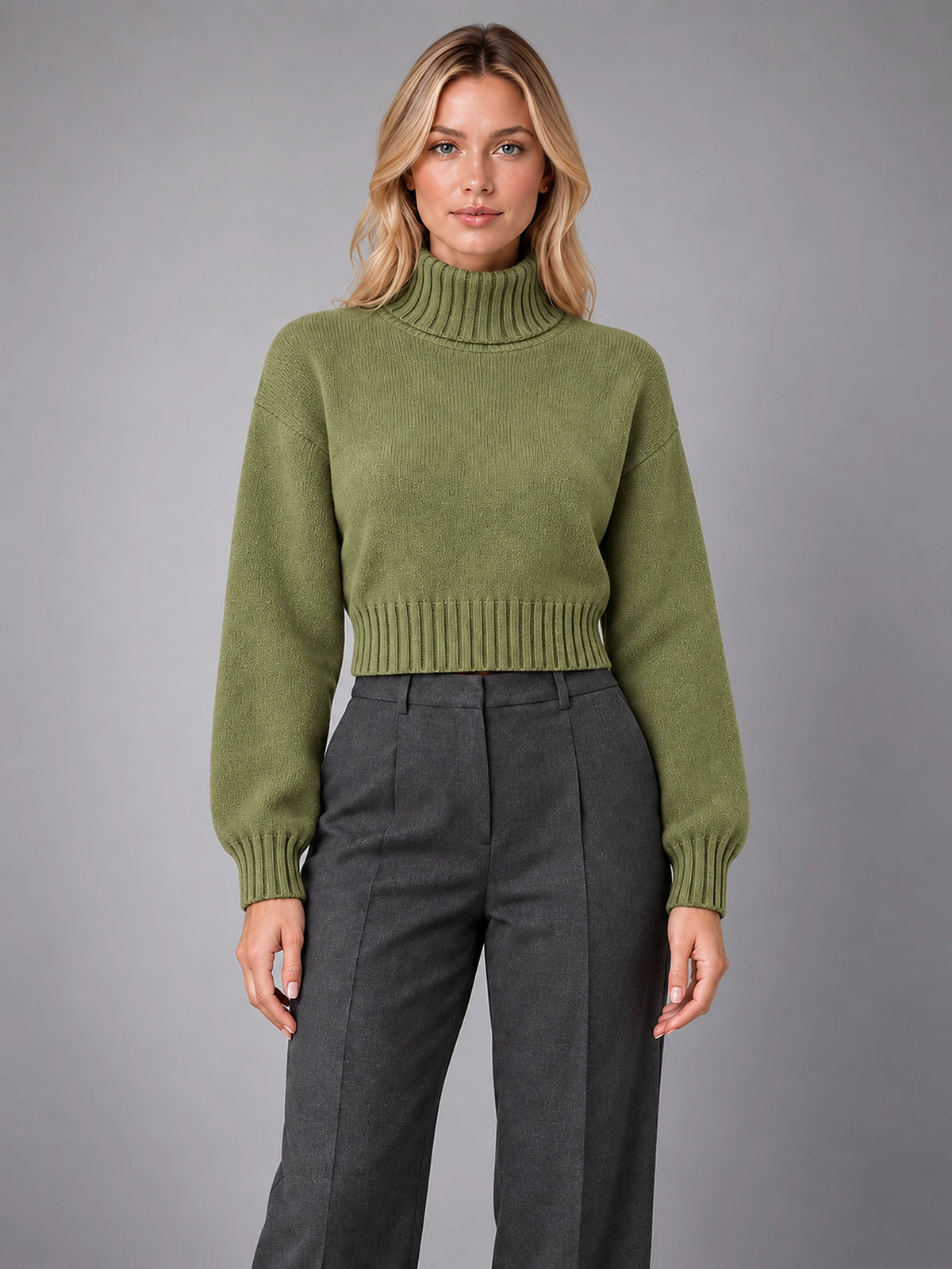 Women's Wool Roll Neck Jumper – Regular Fit Pullover in Army Green — front view
