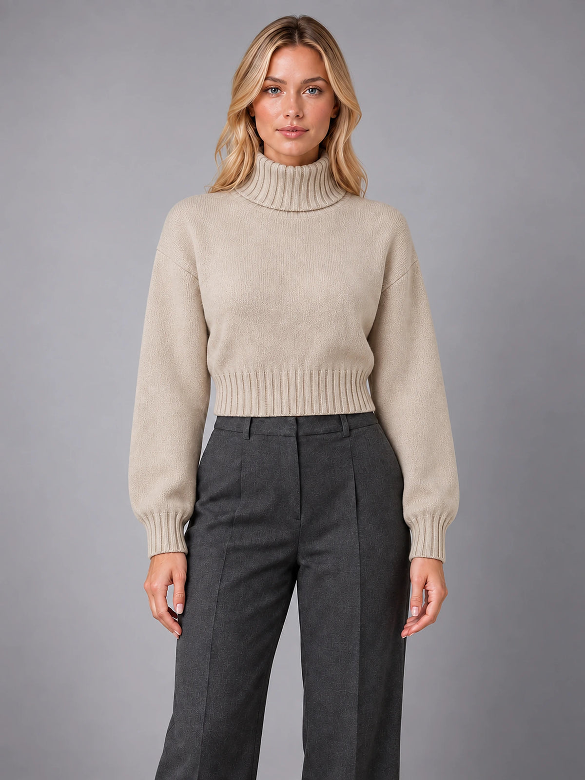 Women's Wool Roll Neck Jumper – Regular Fit Pullover in Beige — front view