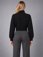 Women's Wool Roll Neck Jumper – Regular Fit Pullover in Black — back view