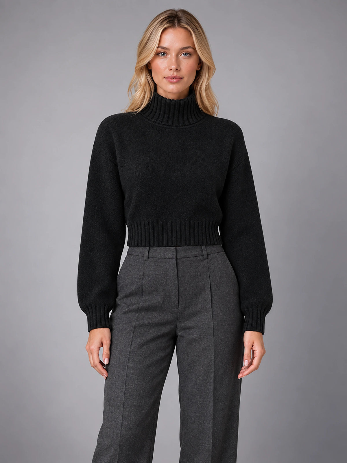 Women's Wool Roll Neck Jumper – Regular Fit Pullover in Black — front view