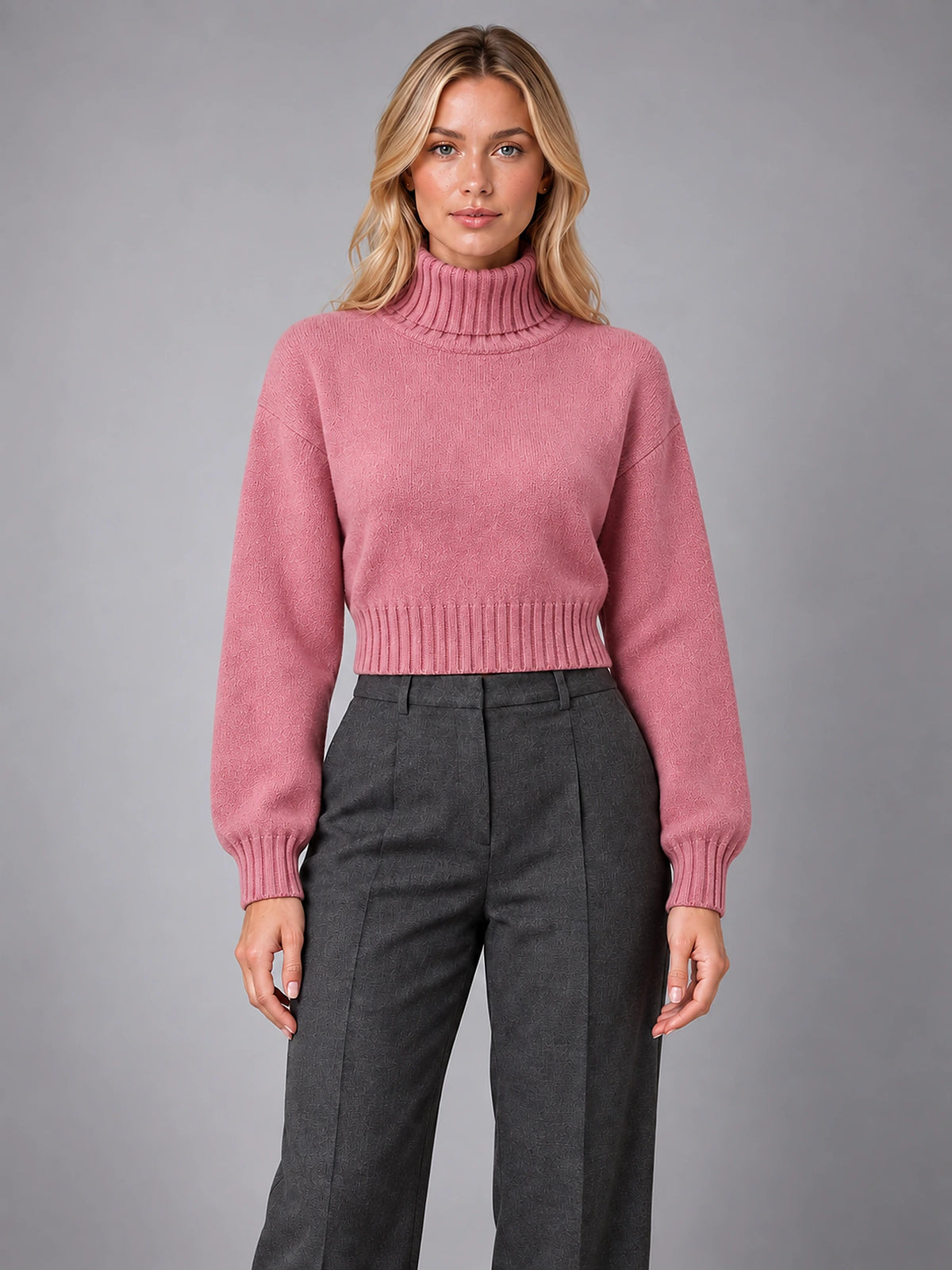 Women's Wool Roll Neck Jumper – Regular Fit Pullover in Dusty Pink — front view