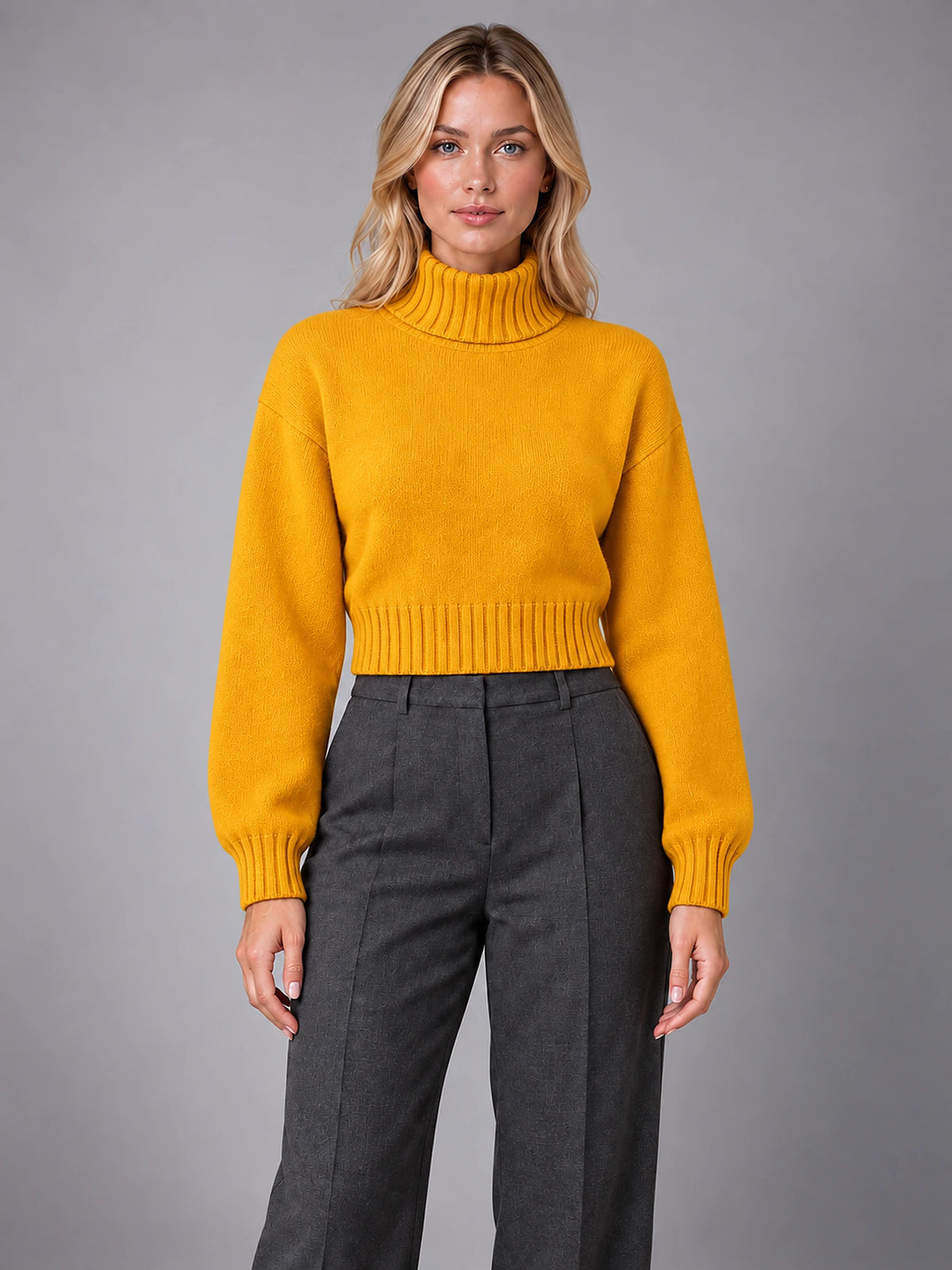 Women's Wool Roll Neck Jumper – Regular Fit Pullover in Golden Camel — front view