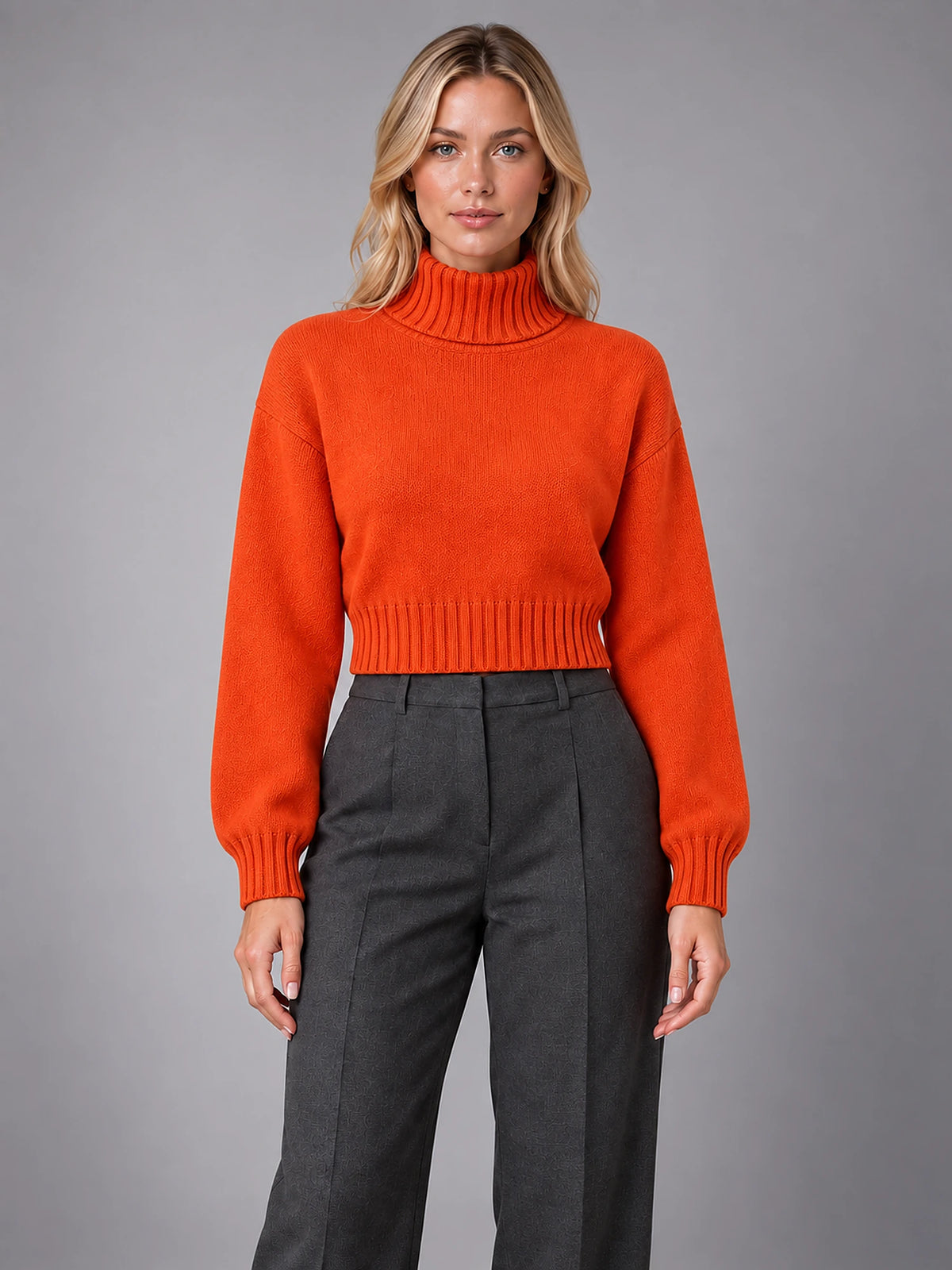 Women's Wool Roll Neck Jumper – Regular Fit Pullover in Orange Red — front view