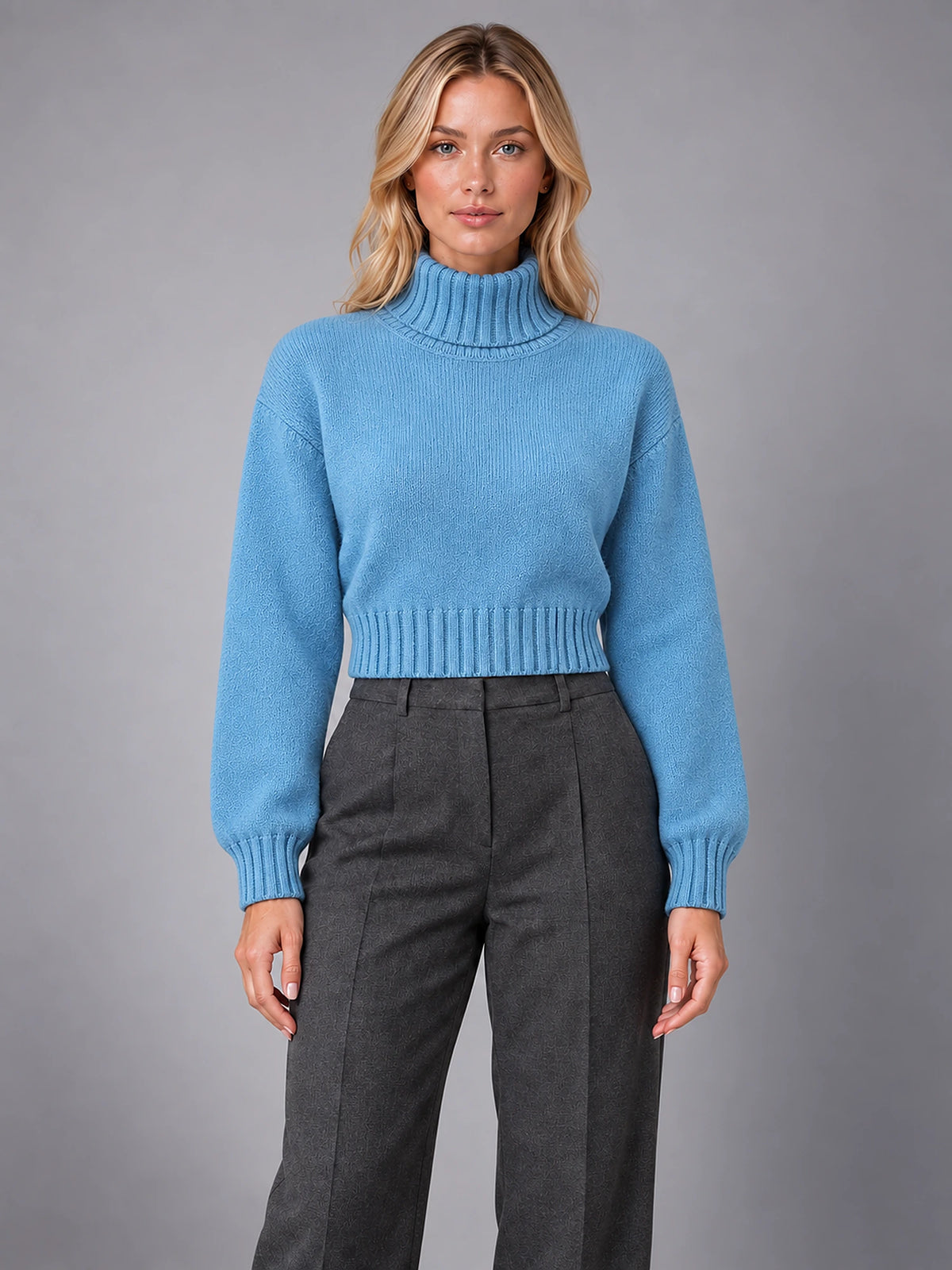 Women's Wool Roll Neck Jumper – Regular Fit Pullover in Sky Blue — front view