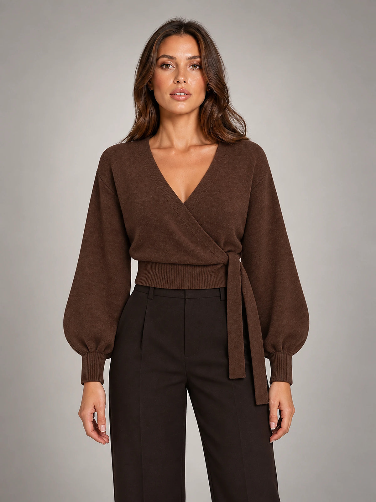 Women's Wrap Knit Top – V-Neck Tie Waist Cropped in Coffee — front view