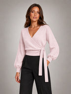 Women's Wrap Knit Top – V-Neck Tie Waist Cropped in Pink — alternate view