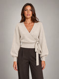 Women's Wrap Knit Top – V-Neck Tie Waist Cropped in Wheat — front view