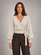 Women's Wrap Knit Top – V-Neck Tie Waist Cropped in Wheat — front view