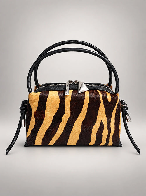 Women's Animal Print Leather Handbag – Top Handle Pillow Bag in Tiger Stripe — front view