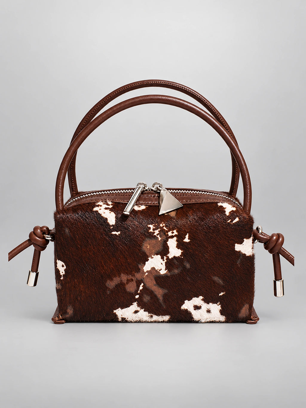 Women's Animal Print Leather Handbag – Top Handle Pillow Bag in Cowhide Brown — alternate view