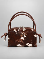Women's Animal Print Leather Handbag – Top Handle Pillow Bag in Cowhide Brown — alternate view