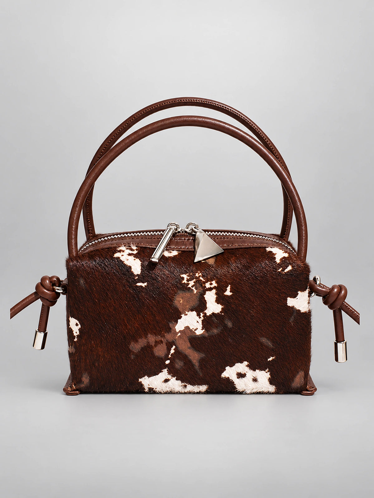Women's Animal Print Leather Handbag – Top Handle Pillow Bag in Cowhide Brown — alternate view