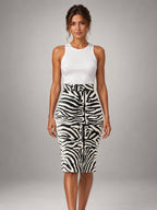 Women's Zebra Print Midi Skirt – High Waist Pencil in Black/White Zebra — front view
